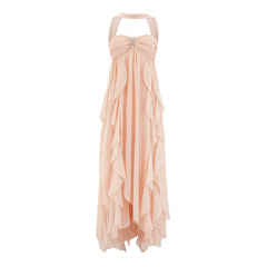 Mariah pink chiffon ruffle halter neck maxi dress