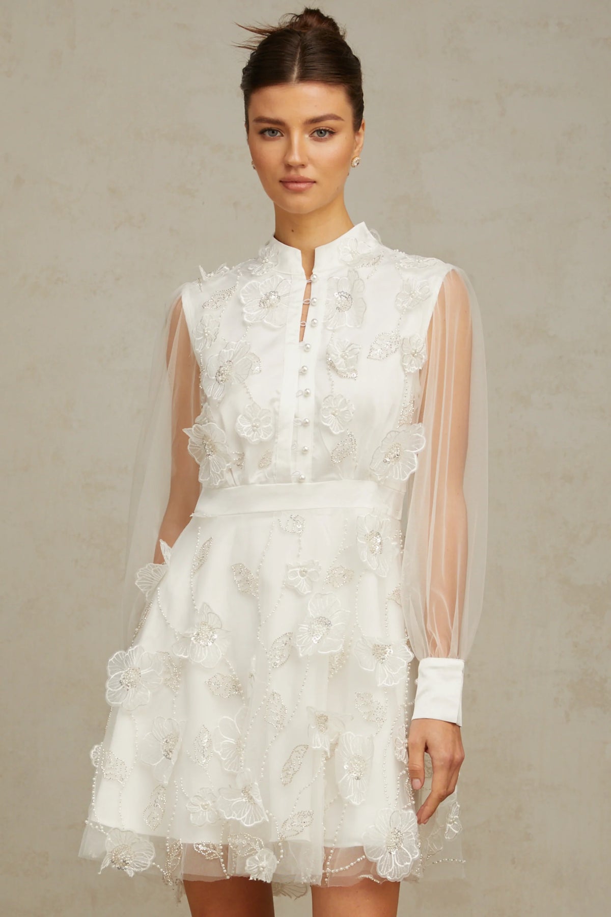 Camille white 3D-petal tulle mini dress