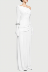 Gunnar Off Shoulder Asymmetric Ruched Maxi Dress - White