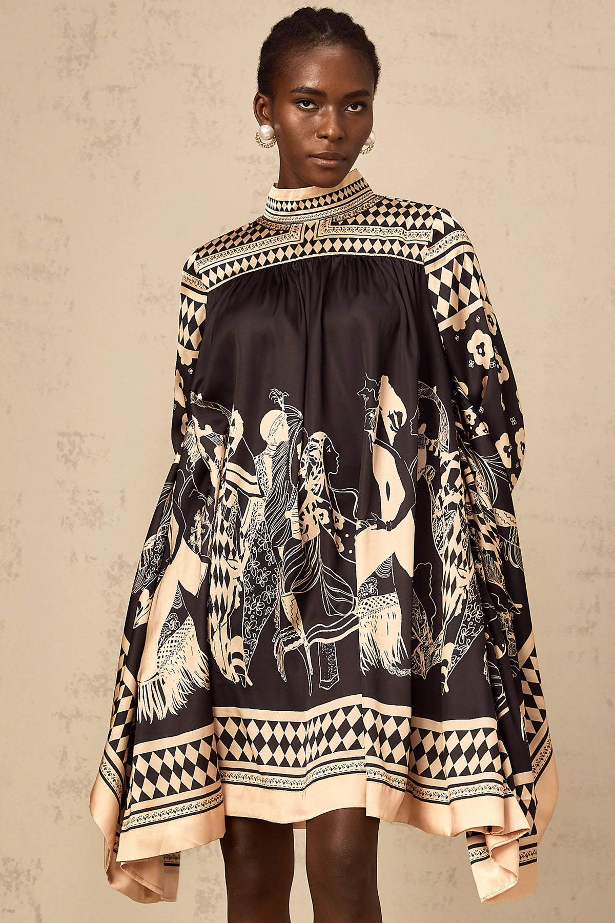 Ingrid black pattern-print tied mini dress