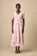 Amelie pink ruffled tiered midi dress