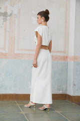 Delphine white shell-embellished top & skirt matching set