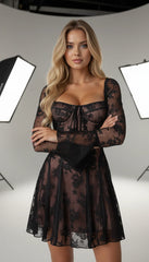 Black Lace Corset Bell Sleeve Mini Dress