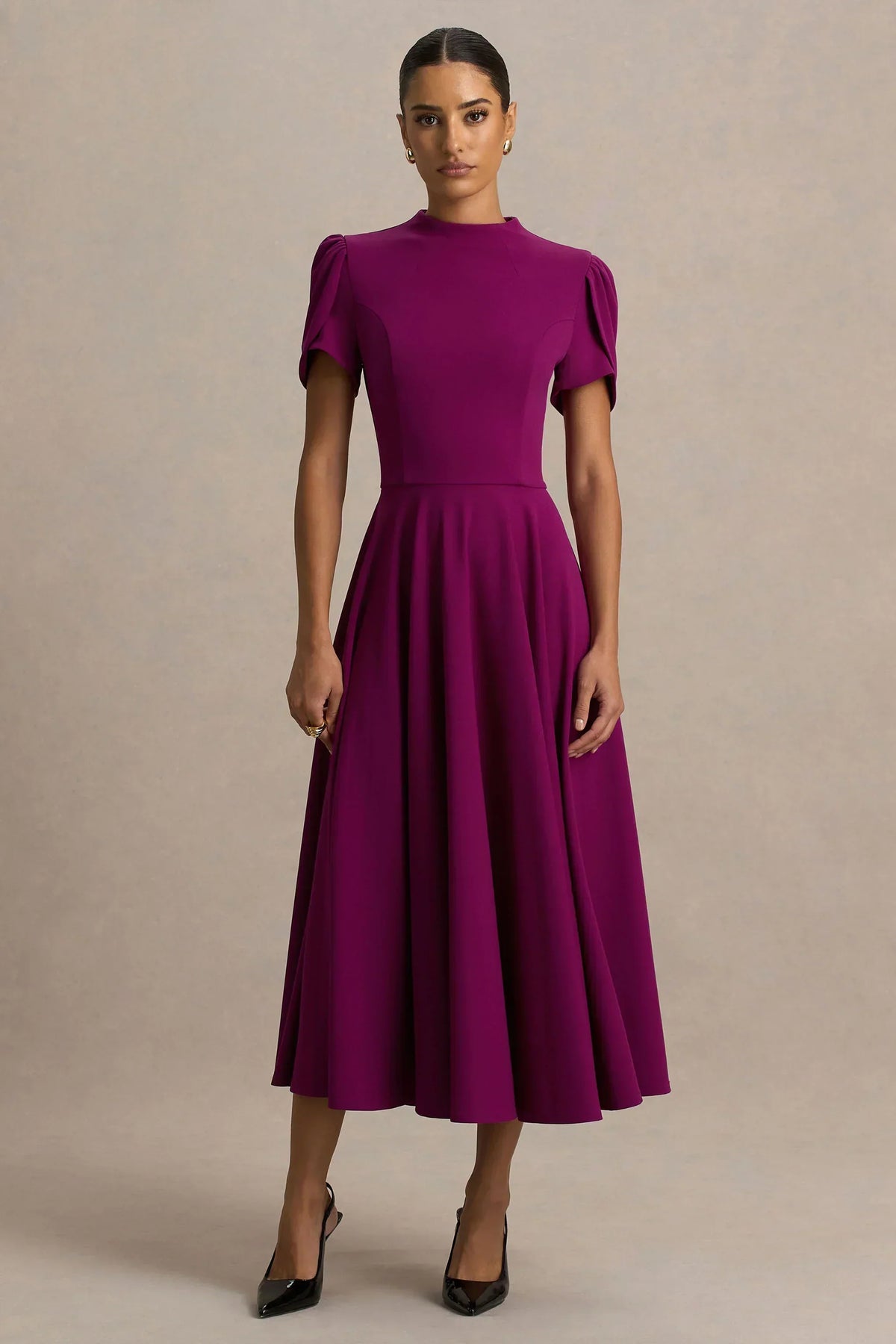 Vicky | Mulberry High Neck Midi Dress With Puff Sleeves