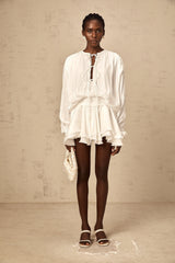 Mahault white pleated glitter-effect mini dress