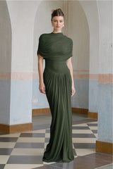 Catherine asymmetric pleated maxi dress in Green