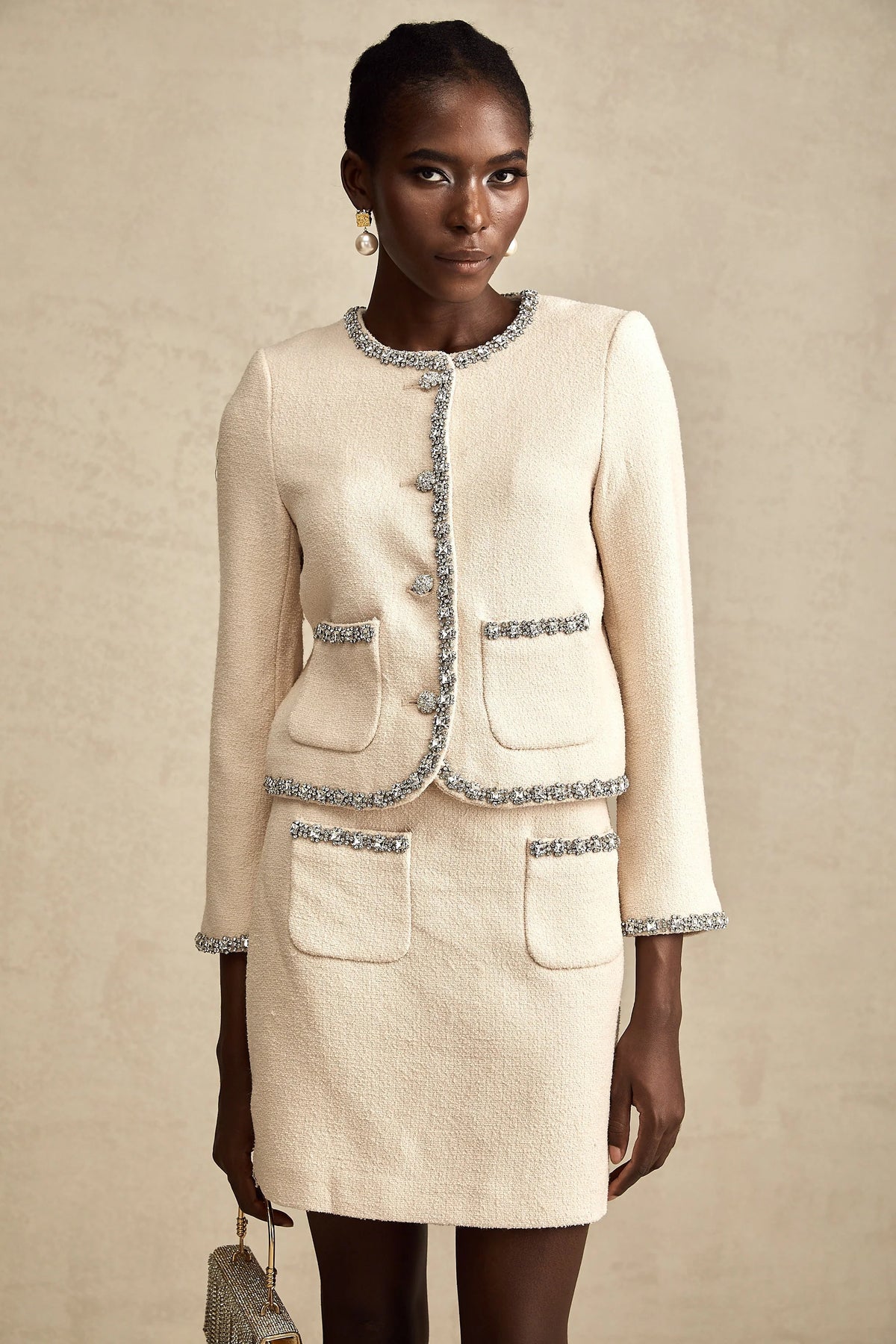 Elisabeth beige crystal tweed cardigan & skirt matching set