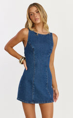 Oriana Mini Dress - Boat Neck Bow Back Dress in Dark Mid Blue Wash