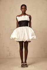 Éliane white lace-panelling puff satin mini dress