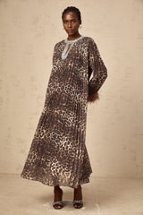 Marthe brown embellished leopard-print pleated maxi dress