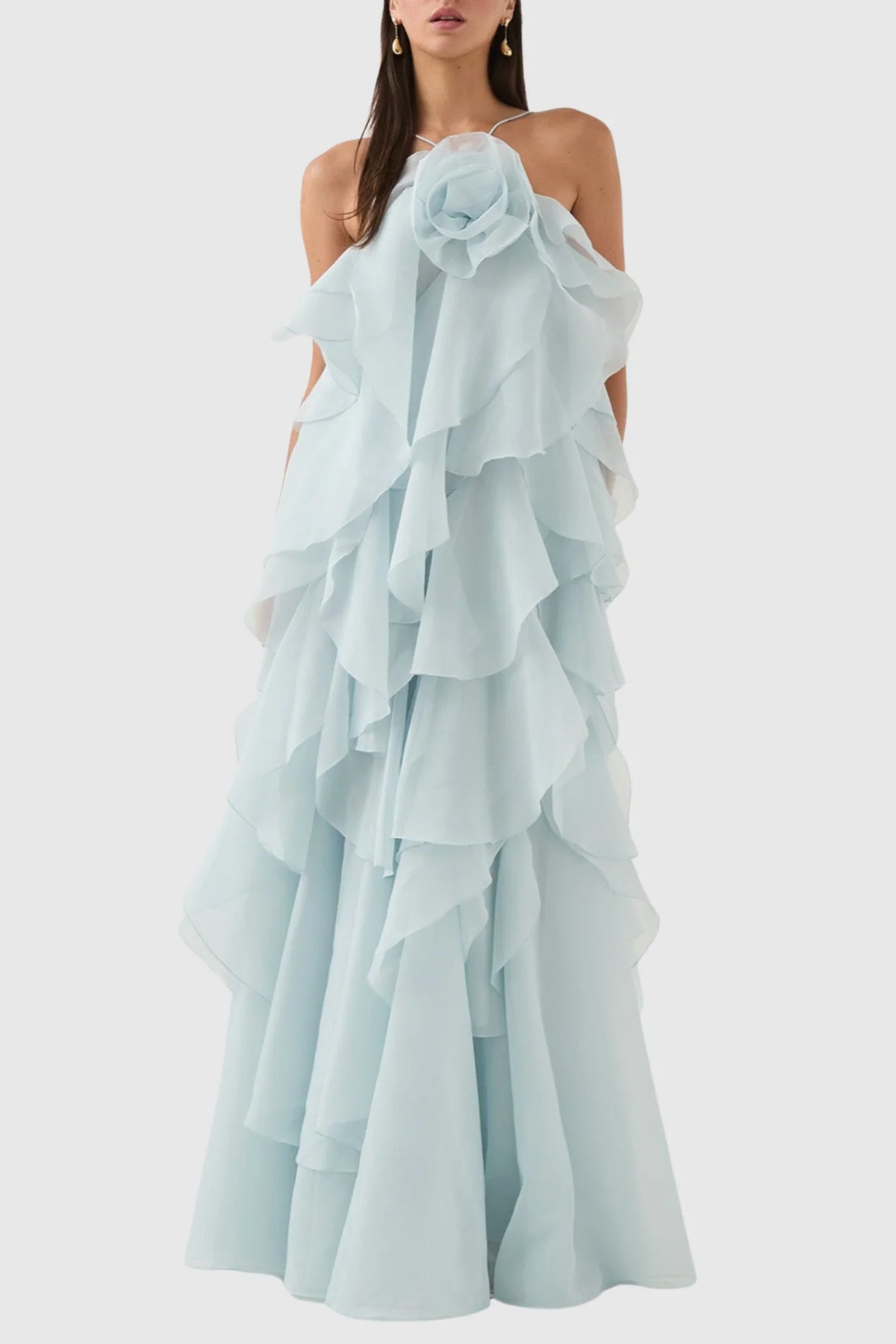 Caysie Halter Floral Ruffle Layered Maxi Dress - Blue