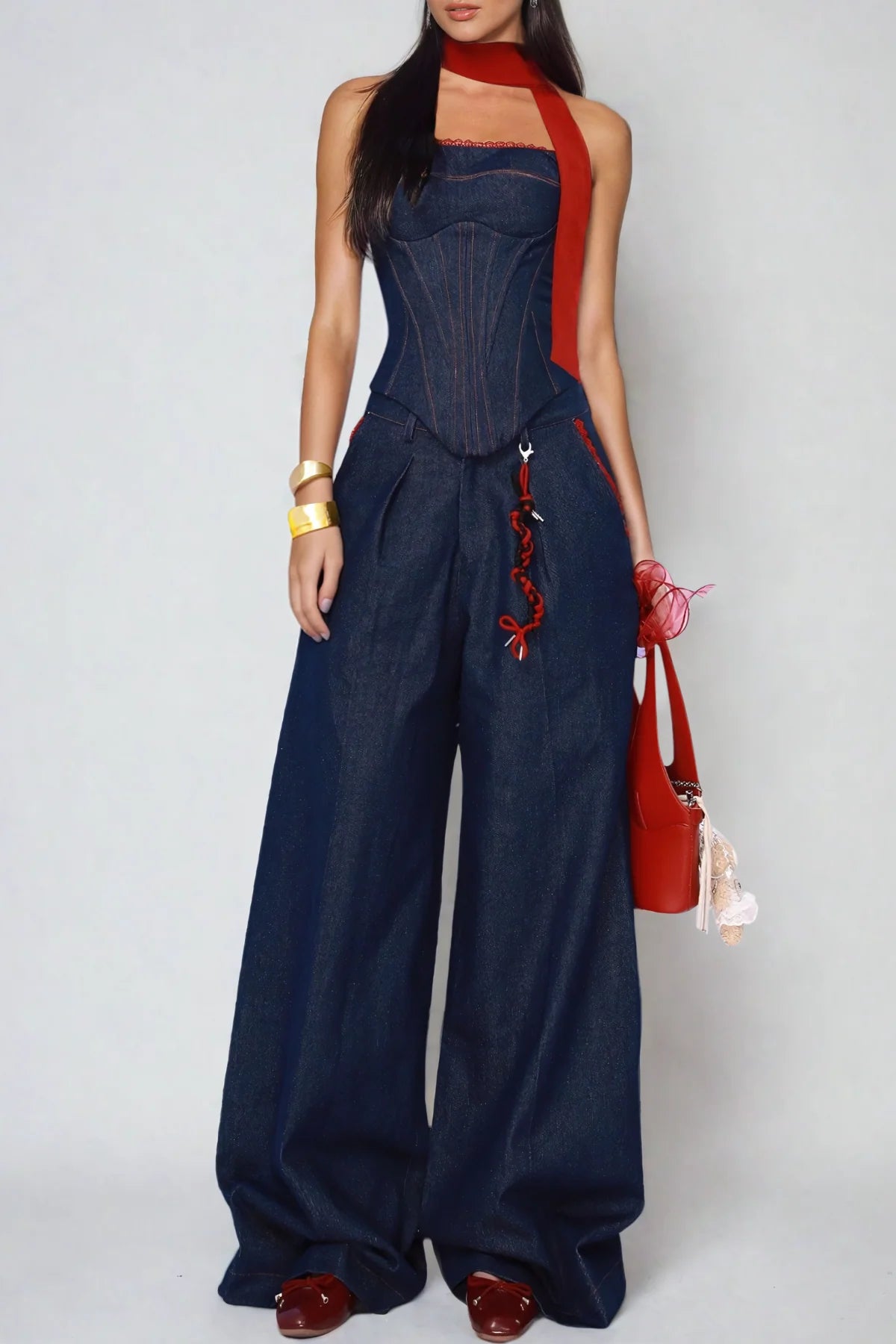Kyra Strapless Lace Up Denim Set