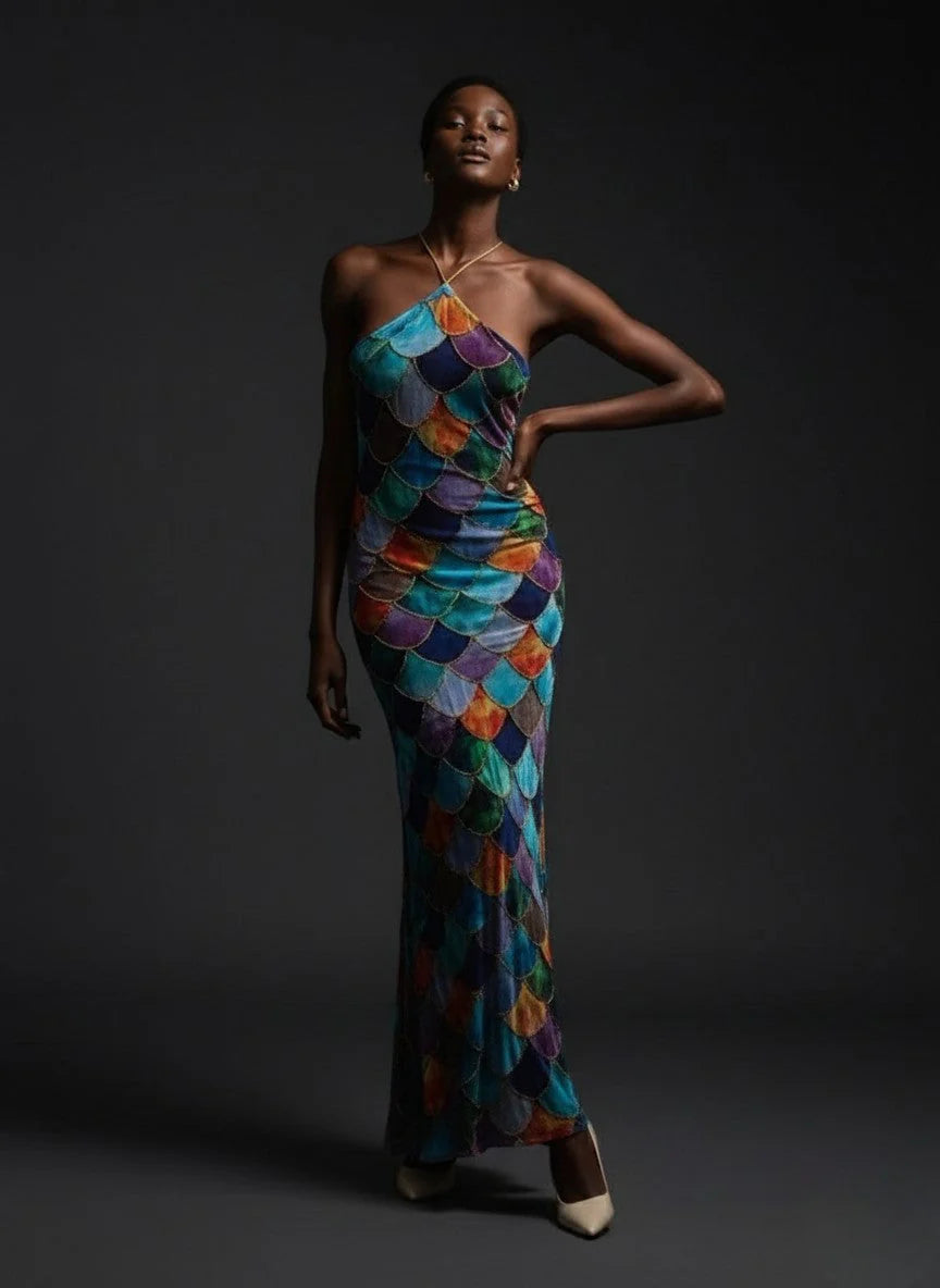 Celeste Shimmer Halter Backless Maxi Dress