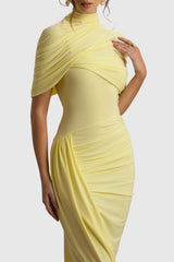 Jago Asymmetric Cape Ruched Midi Dress - Yellow