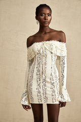 Émeline floral lace flared-cuff mini dress in Neutrals