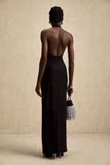 Camille black halterneck floral-lace maxi dress