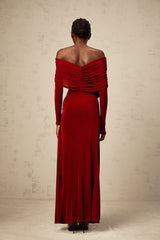 Hélène red ruched fitted velvet maxi dress