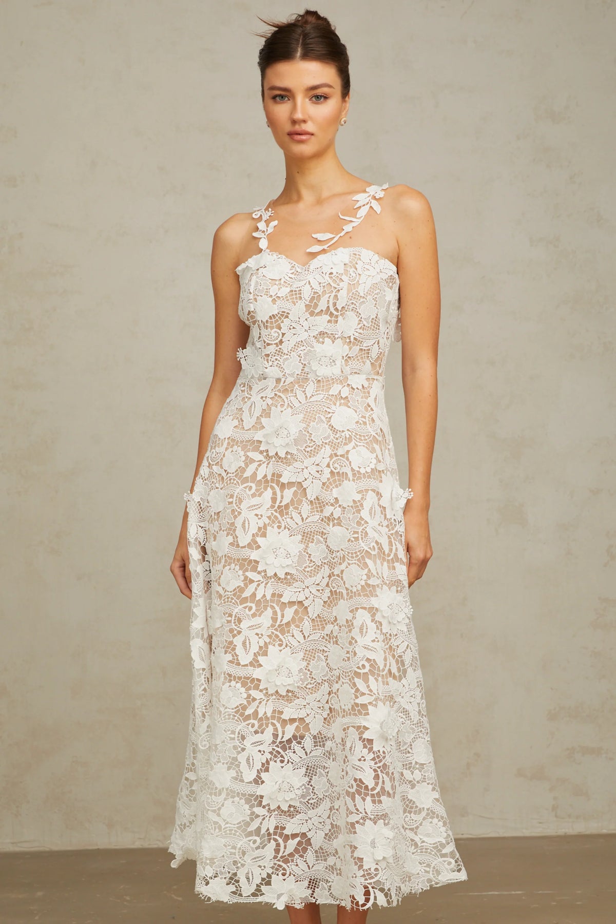 Carole white lace tulle-panelled midi dress
