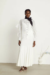 Margaux white semi-sheer ruffled bow-tie shirt