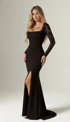 Elegant Black Corset-Style High Slit Evening Gown with Lace Sleeves