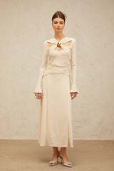 Capucine neutrals cross-over embellished midi dress