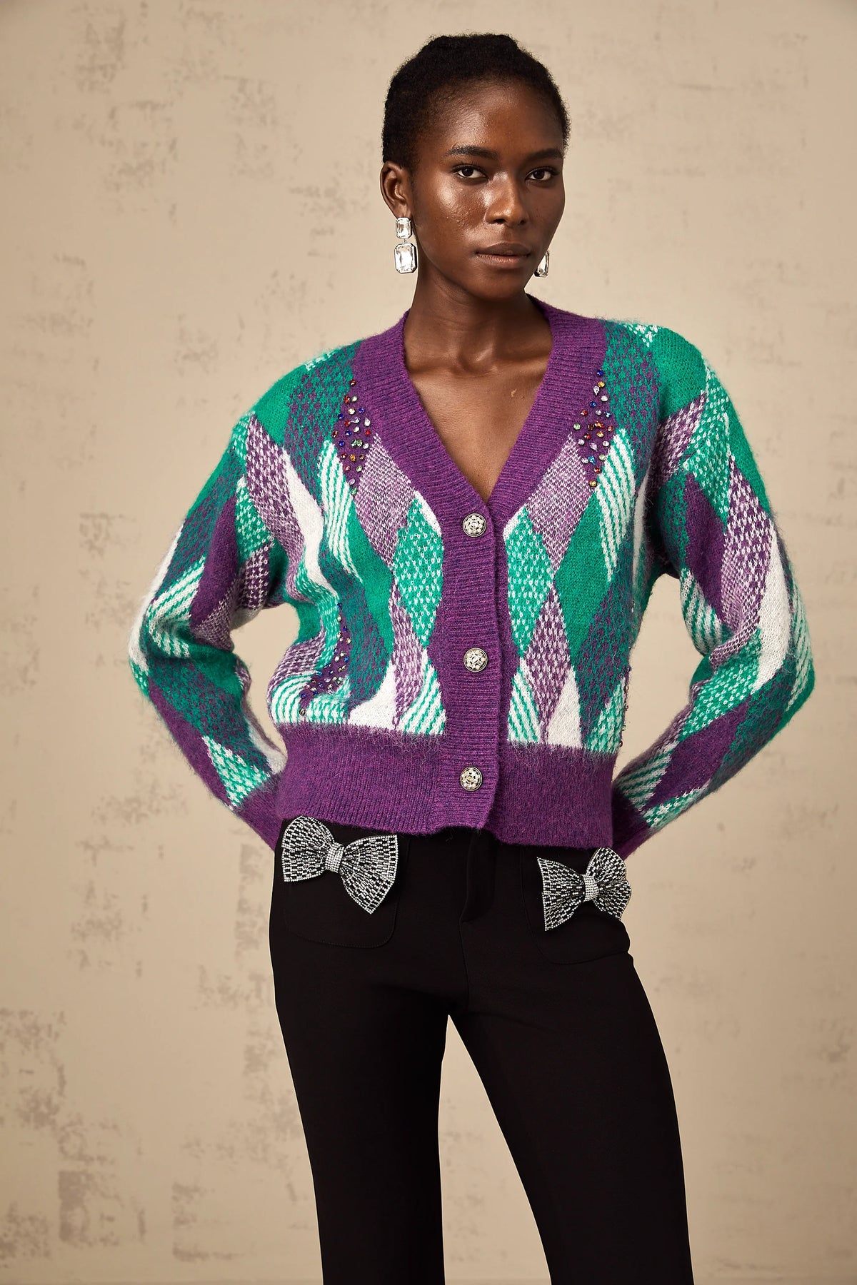 Coralie purple argyle-knit top