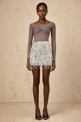 Félicie grey twist-detail embellished tulle top