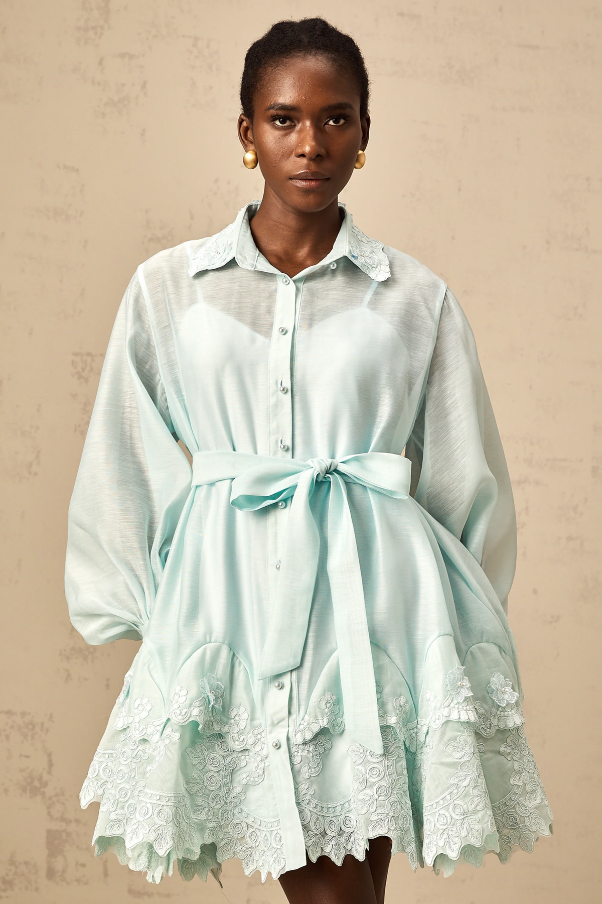 Ivana green lace-panel mini shirt dress