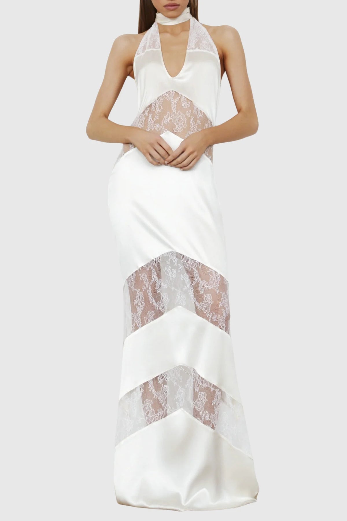 Clora Satin Halter Lace Maxi Dress - White