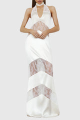 Clora Satin Halter Lace Maxi Dress - White