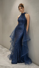 Elegant Navy Blue Sparkling Evening Gown 2025