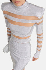 Elysia Mesh-paneled Crystal Embellished Top - Silver