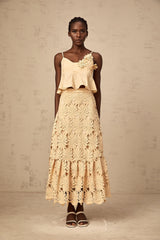 Céline khaki cut-out flared top & skirt matching set