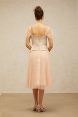 Anaëlle pink-beige flower-embroidery tulle midi dress