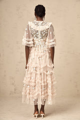 Kévina floral-embroidery tiered ruffled midi dress