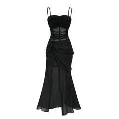 Guinevere black sheer asymmetric midi dress