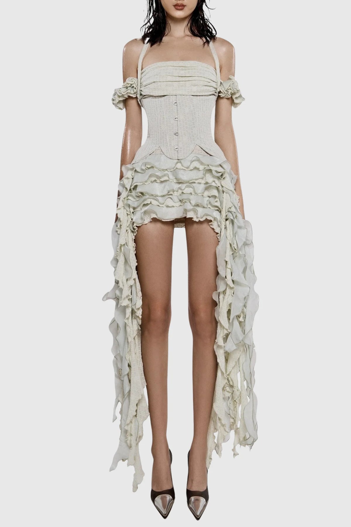 Juricn Halter Corset Ruffle Fringe Mini Dress - Beige