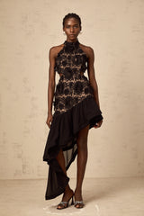 Bernadette black floral-appliqué asymmetric midi dress