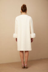 Giovanna white collarless textured fur coat