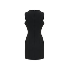 Cascade button-detail black mini dress