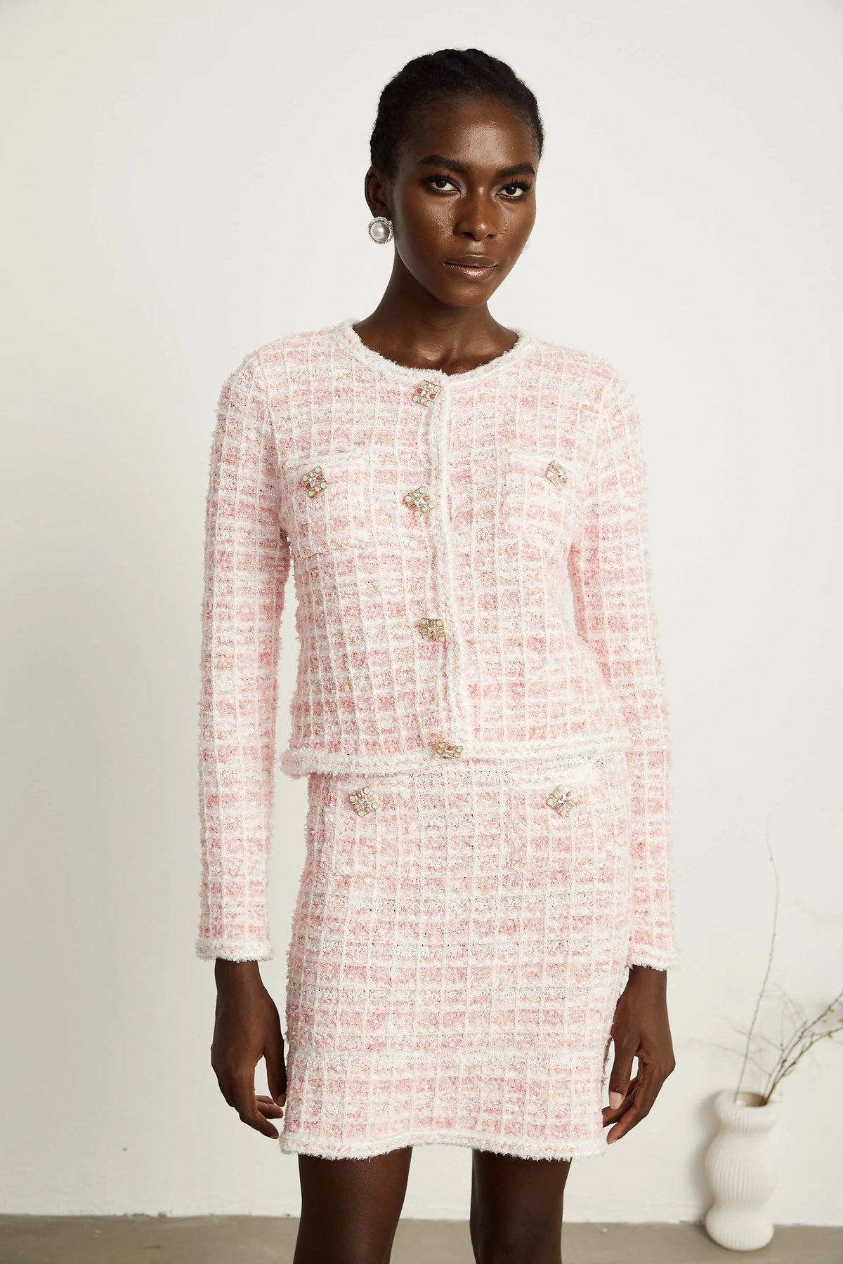 Capucine light pink check-pattern cardigan & skirt matching set