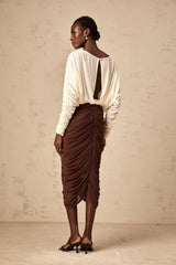 Léontine color-blocked flower-brooch ruched midi dress