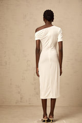 Béryl white asymmetric buckle midi dress