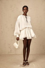 Mahault white pleated glitter-effect mini dress
