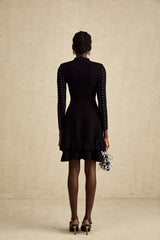 Fabienne black embellished ruffled knitted mini dress
