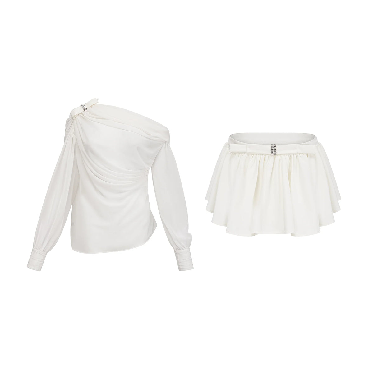 Andrea asymmetric tulle blouse & skirt matching set in White