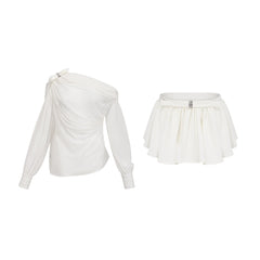 Andrea asymmetric tulle blouse & skirt matching set in White