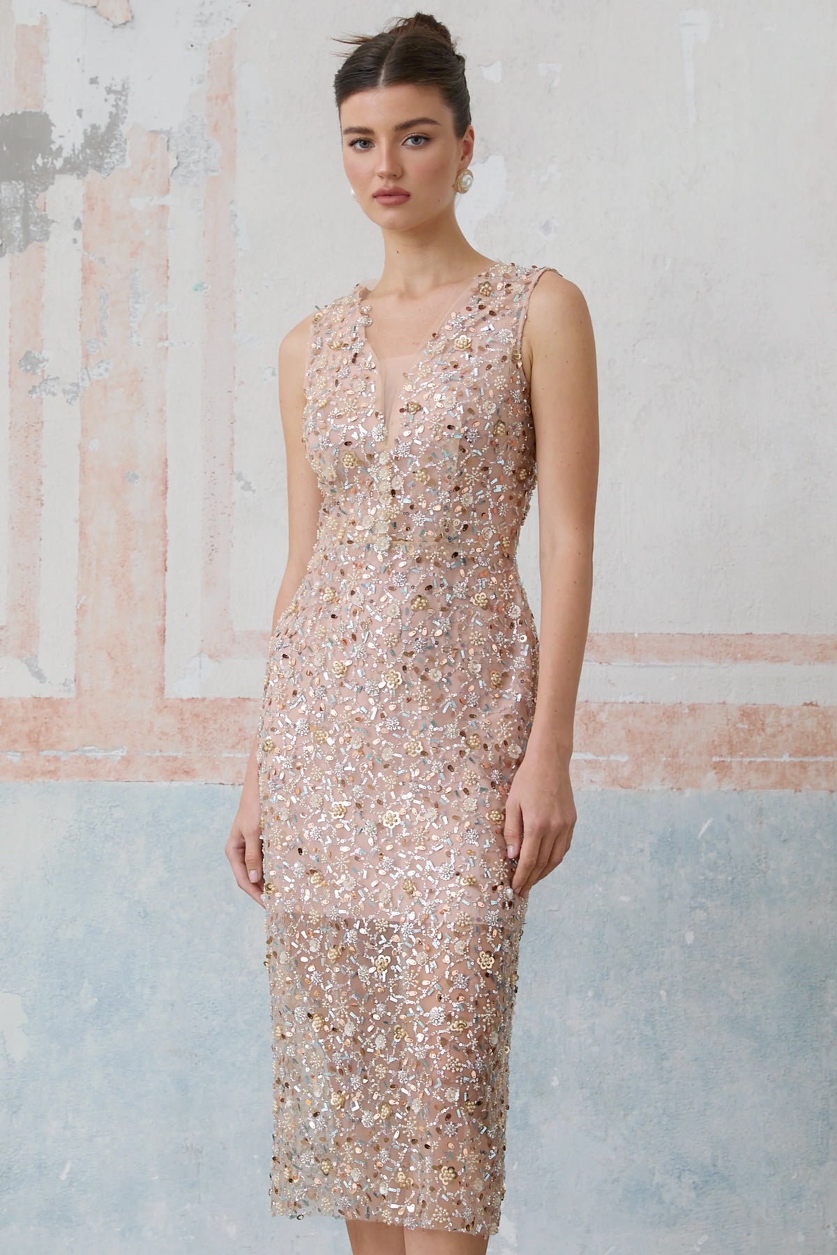 Marguerite embellished flower-motif fitted midi dress