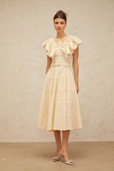 Irène neutrals belted pointelle-trim ruffled midi dress