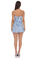 Sequin Embroidered Floral Babydoll Dress in Blue